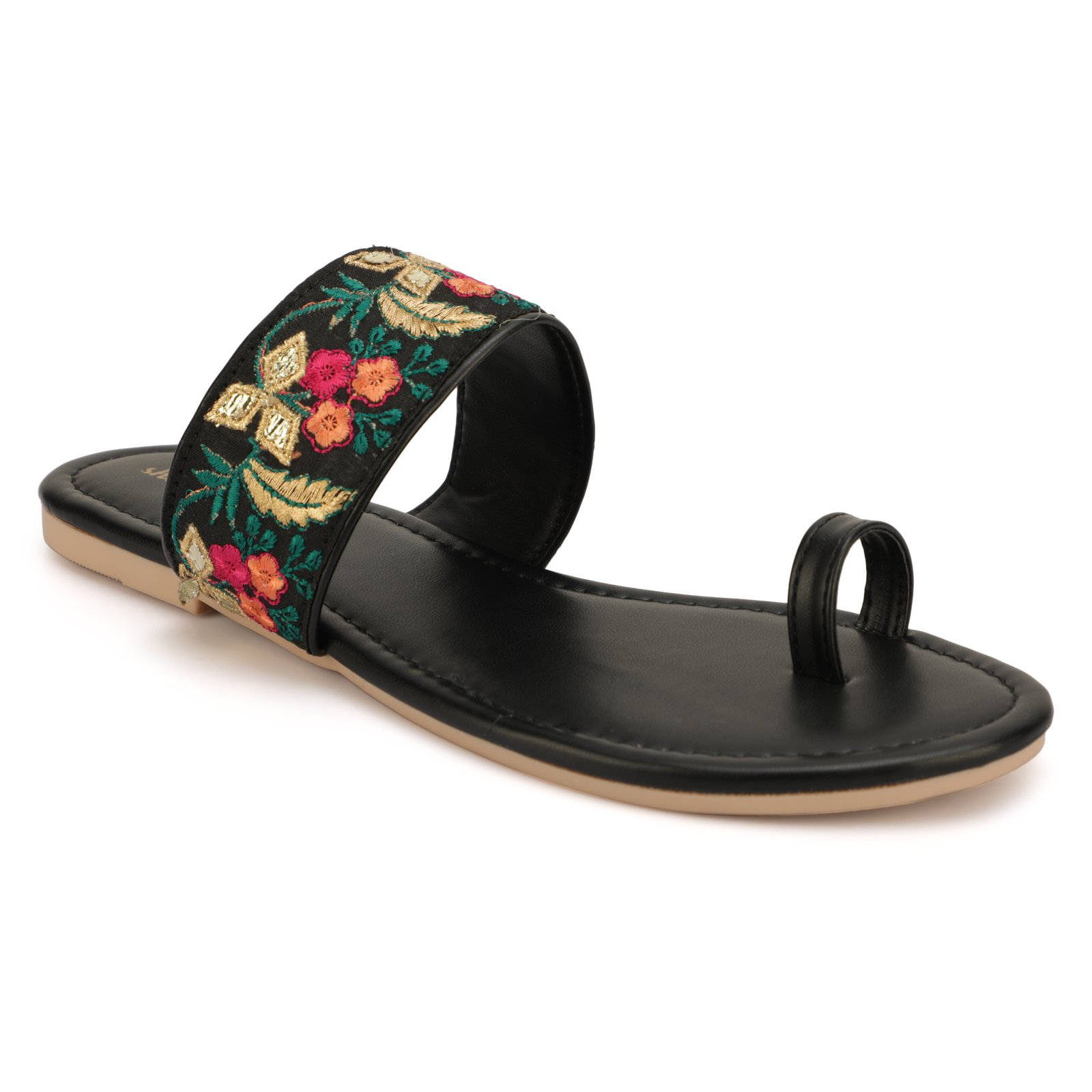 Women Embroidered Ethnic Toe Ring Flats | Floral Design Casual Slip-On Sandals for Women
